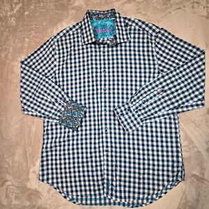 Robert Graham Gingham Check Shirt Mens Large Blue White Flip Cuff Classic Fit
